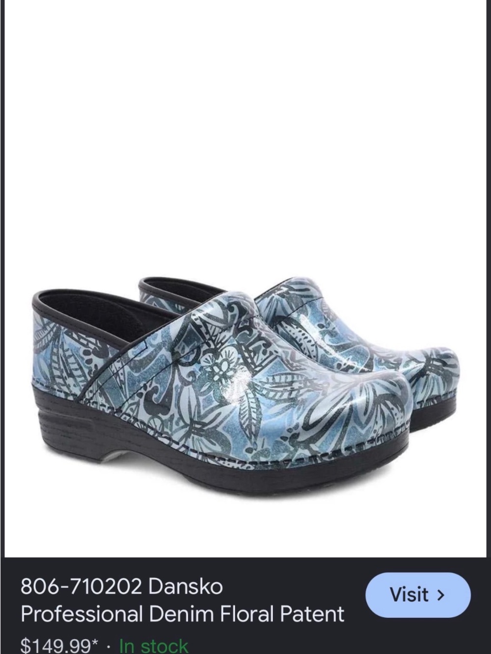 Dansko Floral Patent Slip-On Clogs in Blue and Black
